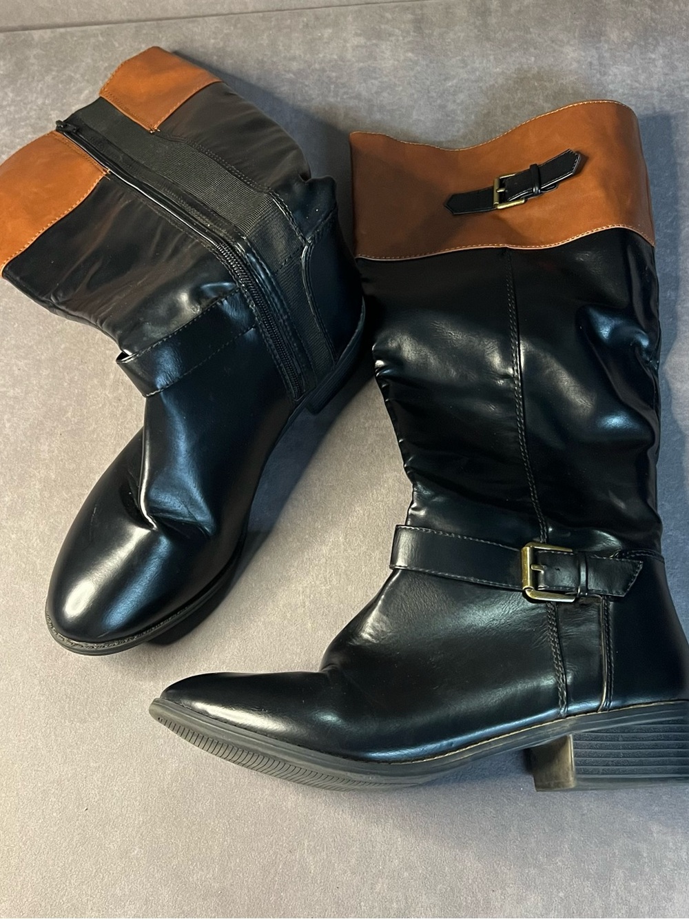 Black and Brown Mid-Calf Buckle Heeled Boots